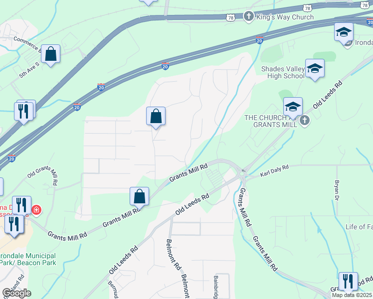map of restaurants, bars, coffee shops, grocery stores, and more near 1174 Grants Way in Birmingham