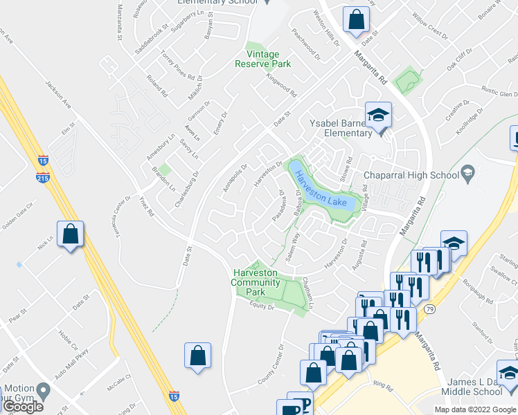 map of restaurants, bars, coffee shops, grocery stores, and more near 40199 Albany Court in Temecula
