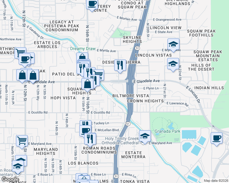 map of restaurants, bars, coffee shops, grocery stores, and more near 6830 North 17th Place in Phoenix