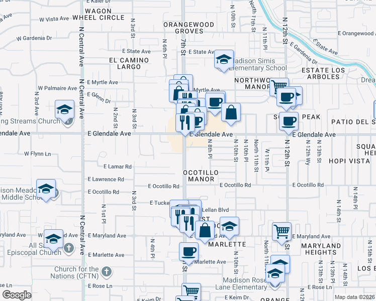 map of restaurants, bars, coffee shops, grocery stores, and more near 6767 North 7th Street in Phoenix