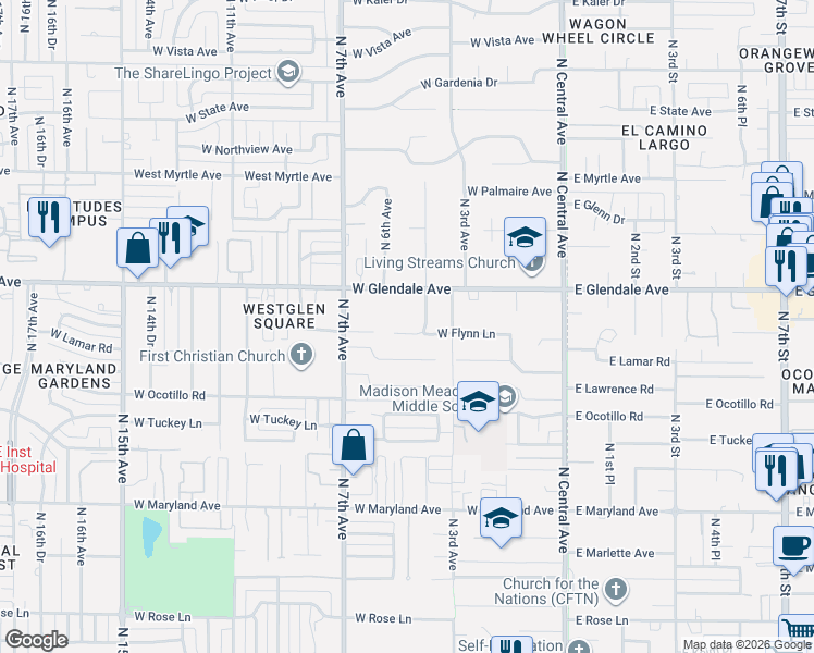 map of restaurants, bars, coffee shops, grocery stores, and more near 416 West Flynn Lane in Phoenix
