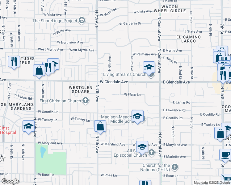 map of restaurants, bars, coffee shops, grocery stores, and more near 416 West Flynn Lane in Phoenix