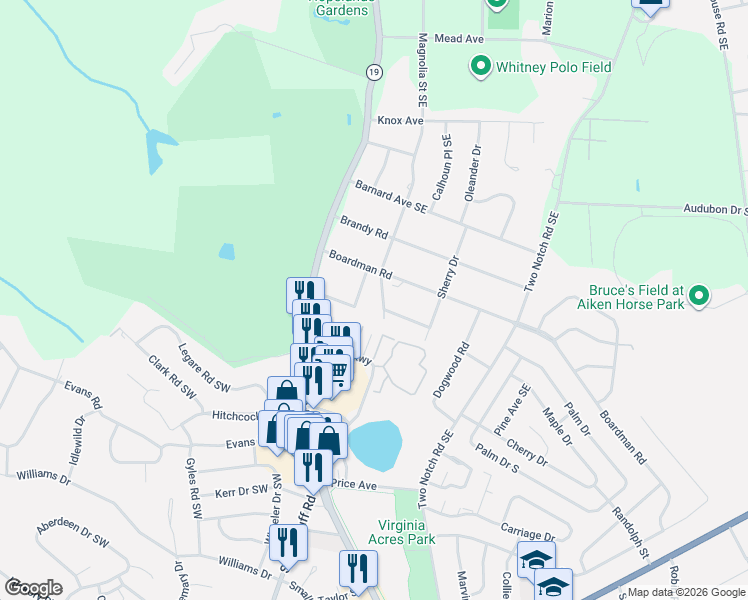 map of restaurants, bars, coffee shops, grocery stores, and more near 195 Hickory Road in Aiken