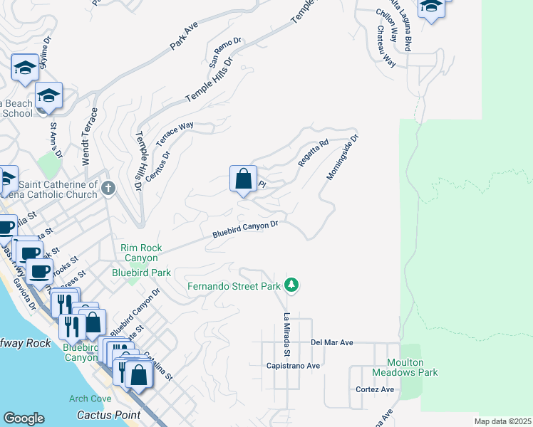 map of restaurants, bars, coffee shops, grocery stores, and more near 1260 Bluebird Canyon Drive in Laguna Beach
