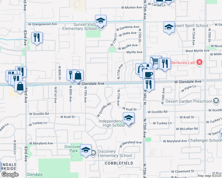 map of restaurants, bars, coffee shops, grocery stores, and more near 7755 West Flynn Lane in Glendale