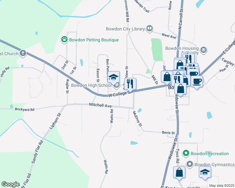 map of restaurants, bars, coffee shops, grocery stores, and more near 504 West College Street in Bowdon