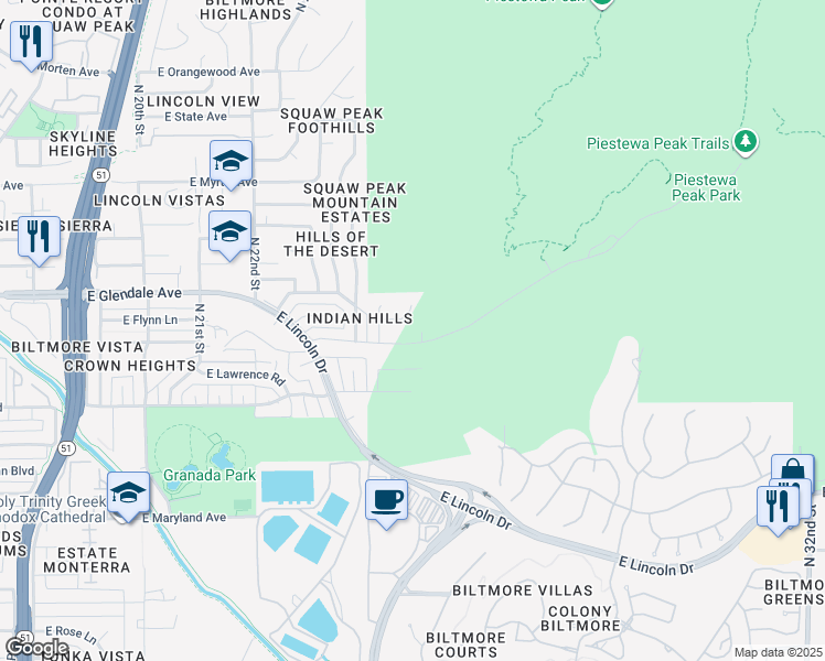 map of restaurants, bars, coffee shops, grocery stores, and more near 2432 Piestewa Peak Drive in Phoenix