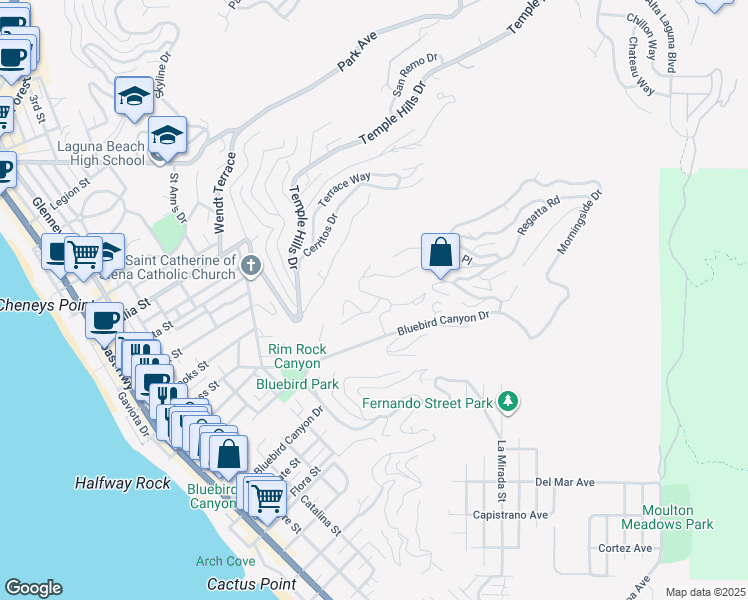 map of restaurants, bars, coffee shops, grocery stores, and more near 962 Oriole Drive in Laguna Beach