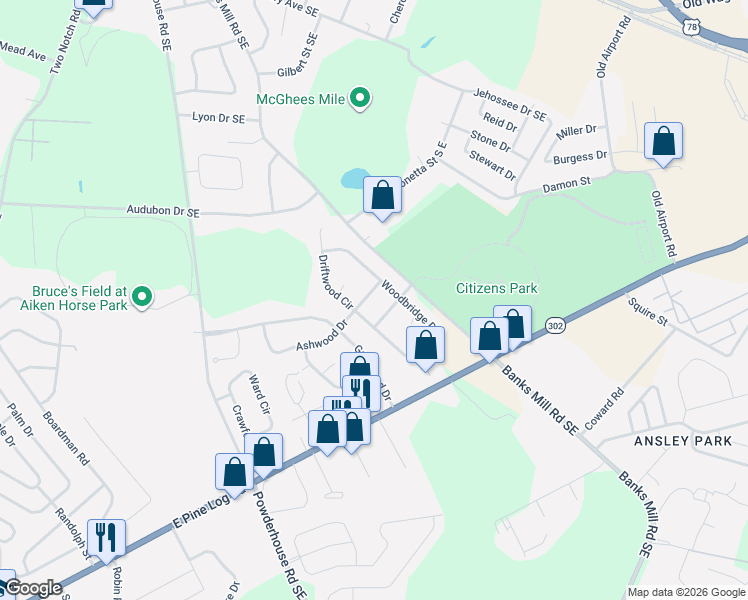 map of restaurants, bars, coffee shops, grocery stores, and more near 217 Ashwood Drive in Aiken