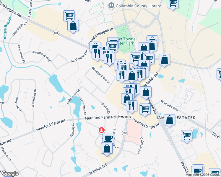 map of restaurants, bars, coffee shops, grocery stores, and more near 535 Pheasant Run Drive in Evans