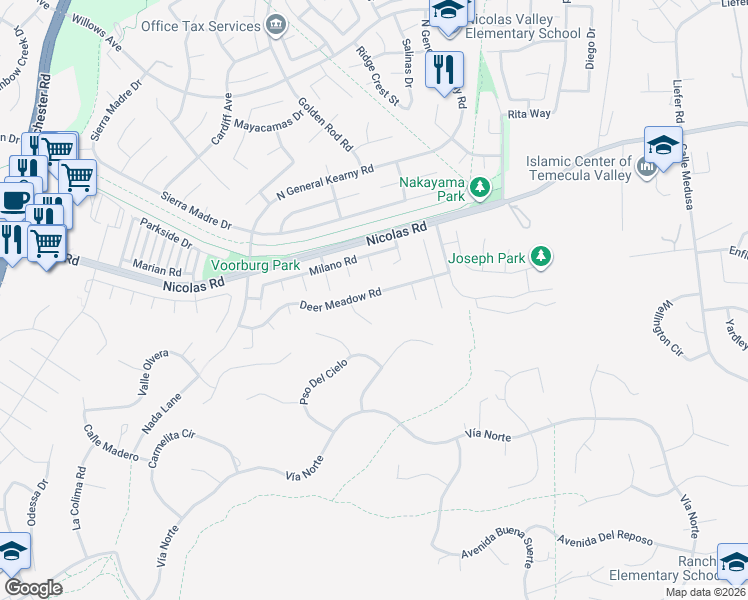 map of restaurants, bars, coffee shops, grocery stores, and more near 30359 Deer Meadow Road in Temecula