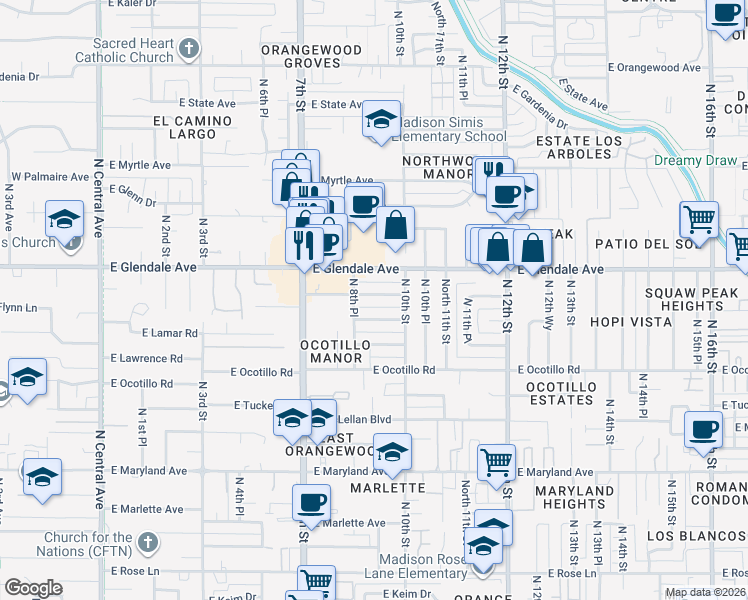 map of restaurants, bars, coffee shops, grocery stores, and more near 819 East Flynn Lane in Phoenix