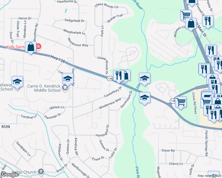 map of restaurants, bars, coffee shops, grocery stores, and more near 7959 Coventry Court in Jonesboro