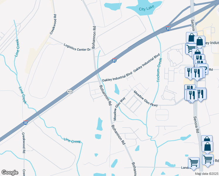 map of restaurants, bars, coffee shops, grocery stores, and more near 7875 Bohannon Road in Fairburn