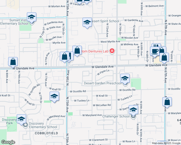 map of restaurants, bars, coffee shops, grocery stores, and more near 6937 North 73rd Drive in Glendale