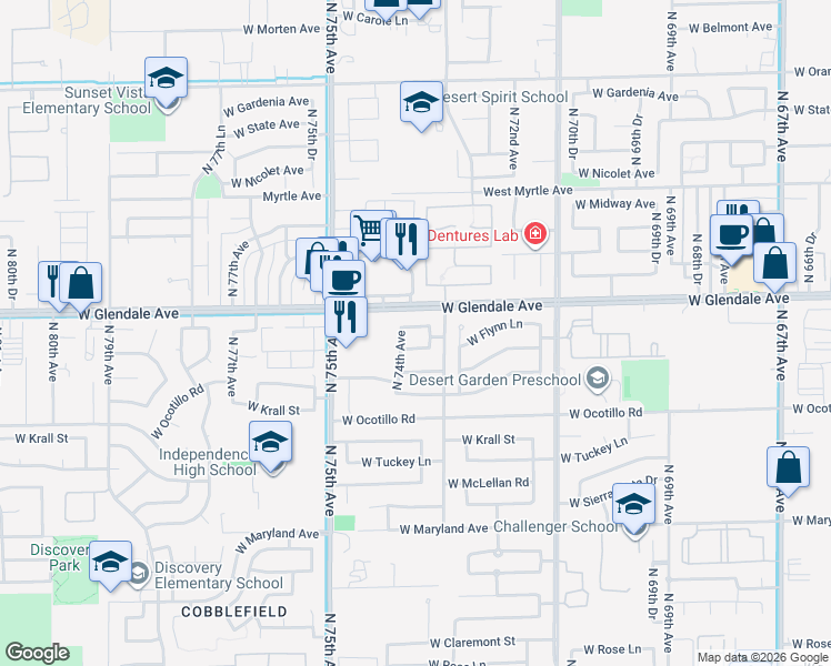 map of restaurants, bars, coffee shops, grocery stores, and more near 6937 North 73rd Drive in Glendale