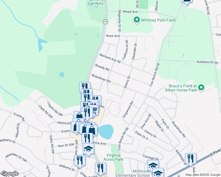map of restaurants, bars, coffee shops, grocery stores, and more near 806 Woodward Street in Aiken