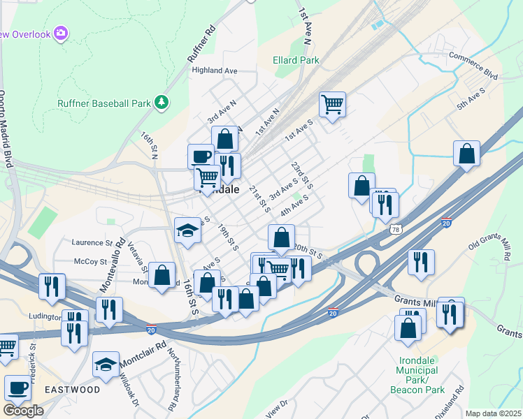 map of restaurants, bars, coffee shops, grocery stores, and more near 2025 3rd Avenue South in Irondale