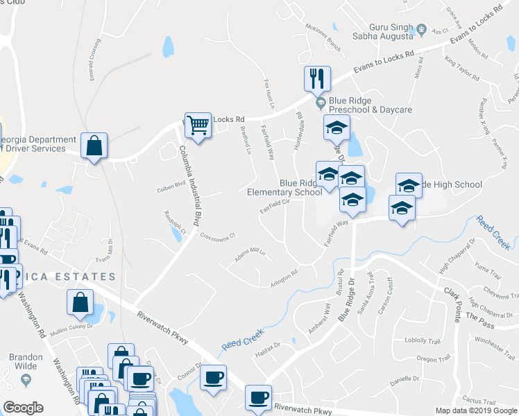 map of restaurants, bars, coffee shops, grocery stores, and more near 4211 Fairfield Circle in Evans