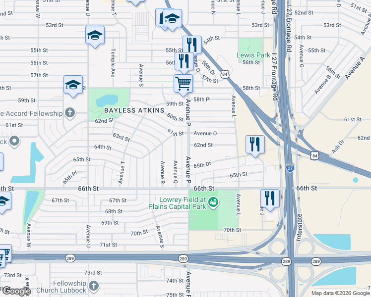 map of restaurants, bars, coffee shops, grocery stores, and more near 6114 Avenue P in Lubbock