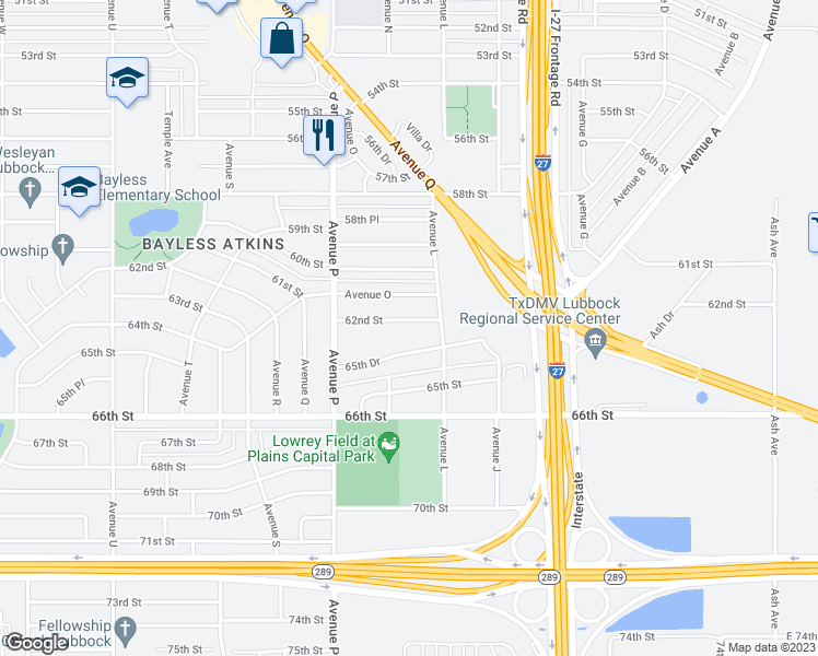 map of restaurants, bars, coffee shops, grocery stores, and more near 1311 62nd Street in Lubbock