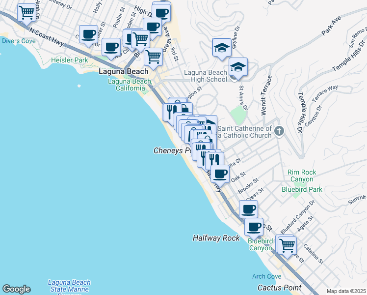 map of restaurants, bars, coffee shops, grocery stores, and more near 137 Cleo Street in Laguna Beach