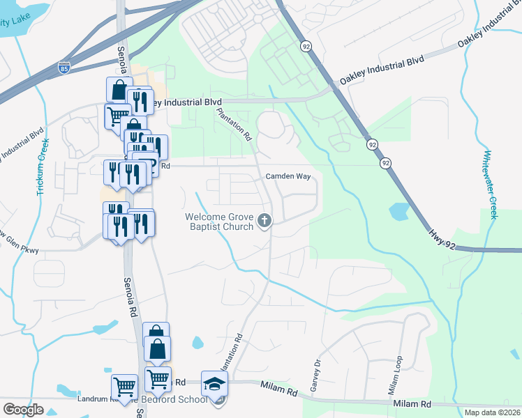 map of restaurants, bars, coffee shops, grocery stores, and more near 3059 Broadleaf Trail in Fairburn