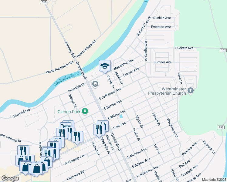 map of restaurants, bars, coffee shops, grocery stores, and more near 1106 Poplar Street in Greenwood