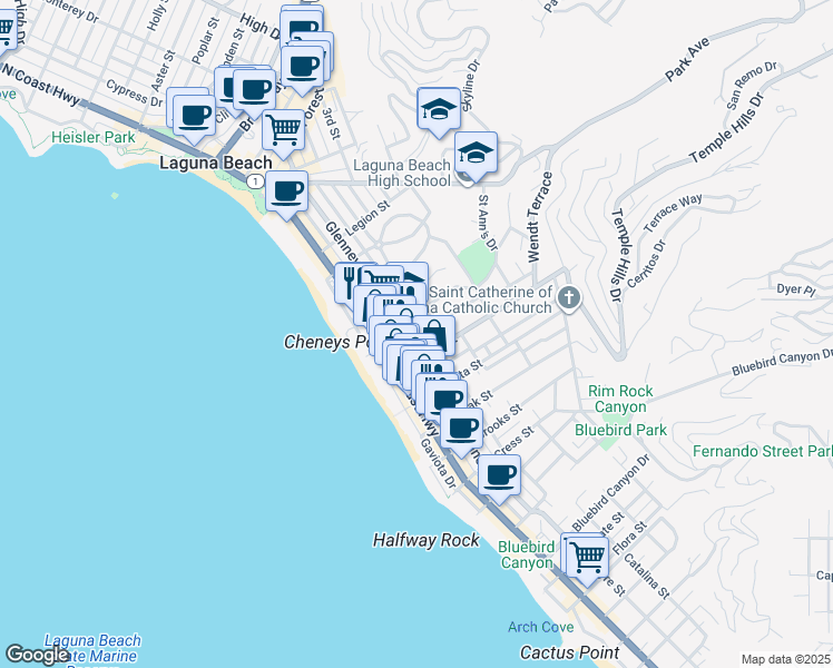 map of restaurants, bars, coffee shops, grocery stores, and more near 352 Thalia Street in Laguna Beach