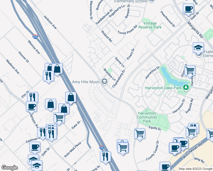 map of restaurants, bars, coffee shops, grocery stores, and more near 27447 Lock Haven Court in Temecula