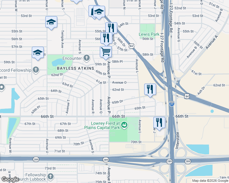 map of restaurants, bars, coffee shops, grocery stores, and more near in Lubbock