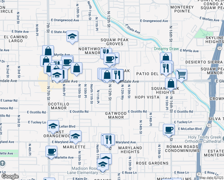 map of restaurants, bars, coffee shops, grocery stores, and more near 6819 North 12th Street in Phoenix