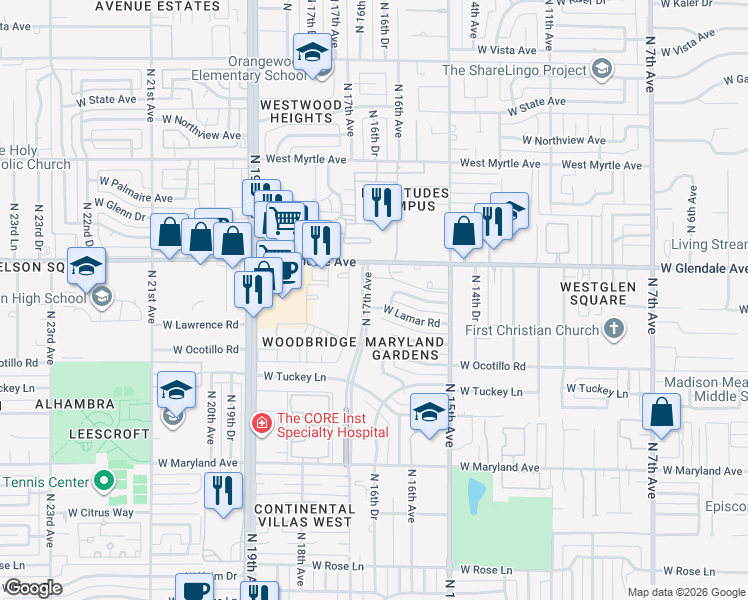 map of restaurants, bars, coffee shops, grocery stores, and more near 6730 North 17th Avenue in Phoenix