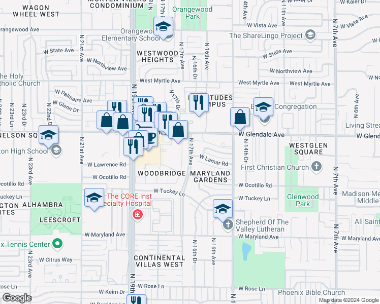 map of restaurants, bars, coffee shops, grocery stores, and more near 6730 North 17th Avenue in Phoenix