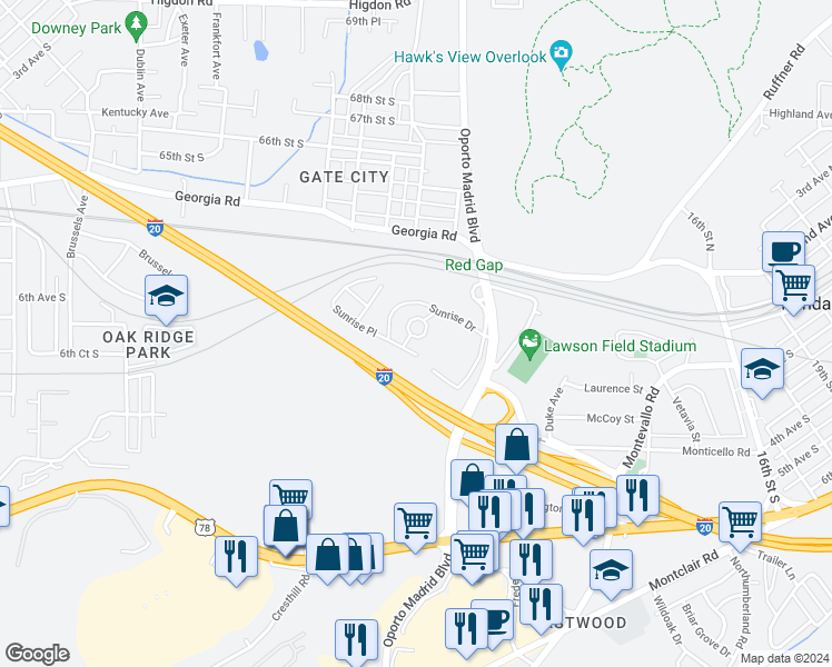 map of restaurants, bars, coffee shops, grocery stores, and more near 7716 Sunrise Circle in Birmingham