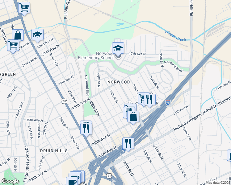 map of restaurants, bars, coffee shops, grocery stores, and more near 1405 30th Street North in Birmingham