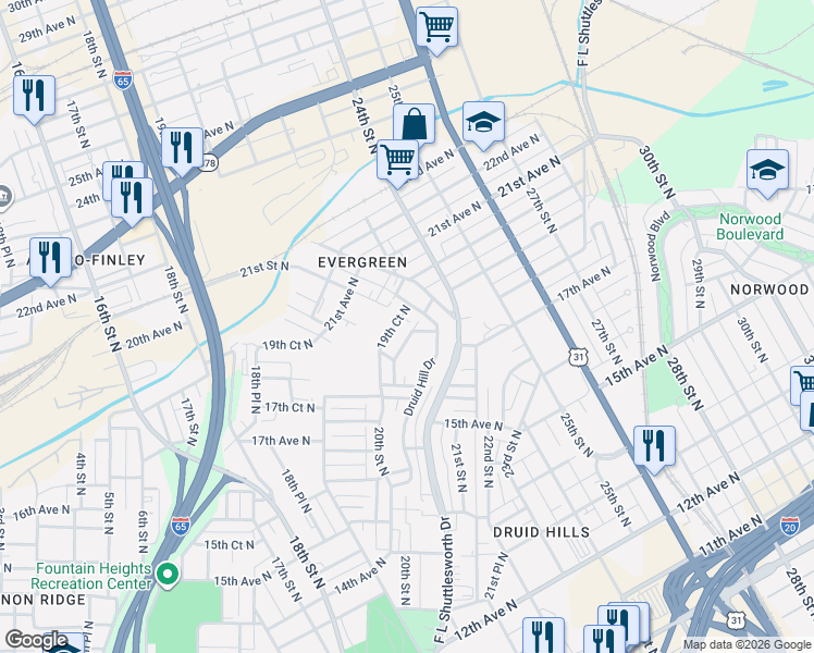 map of restaurants, bars, coffee shops, grocery stores, and more near 1911 19th Court North in Birmingham