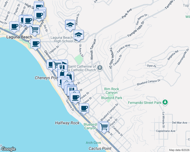 map of restaurants, bars, coffee shops, grocery stores, and more near 665 Lombardy Lane in Laguna Beach