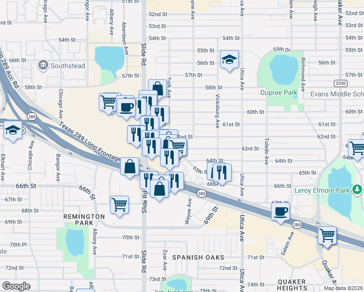 map of restaurants, bars, coffee shops, grocery stores, and more near 4932 63rd Street in Lubbock