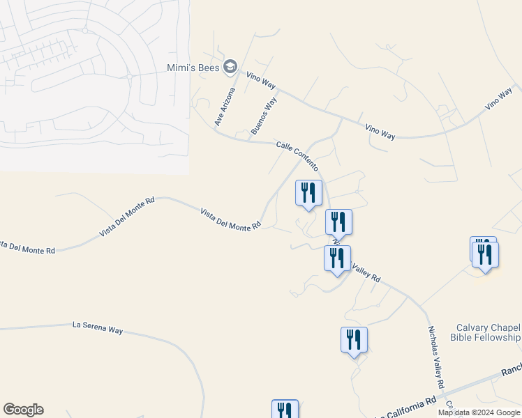 map of restaurants, bars, coffee shops, grocery stores, and more near 33140 Vista Del Monte Road in Temecula