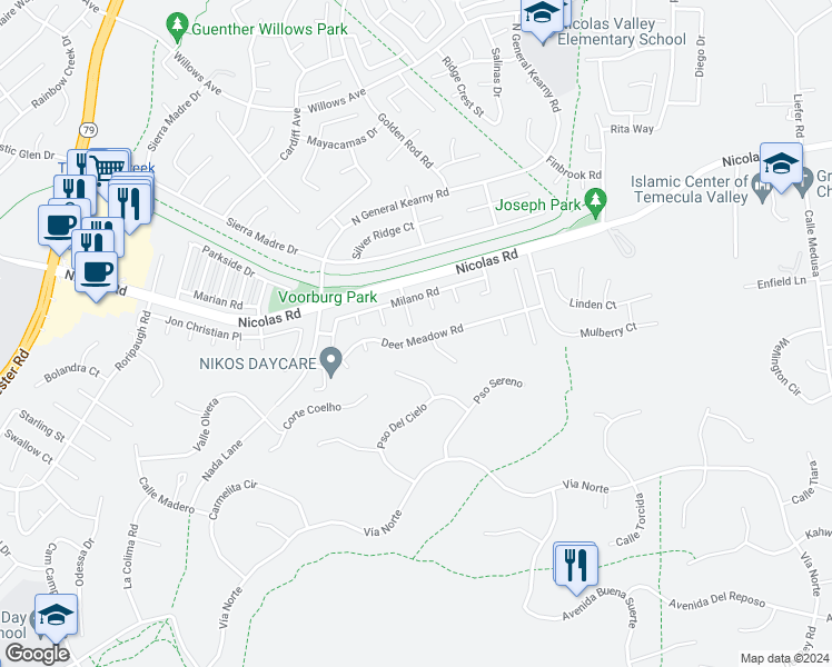 map of restaurants, bars, coffee shops, grocery stores, and more near 40144 Villa Venecia in Temecula