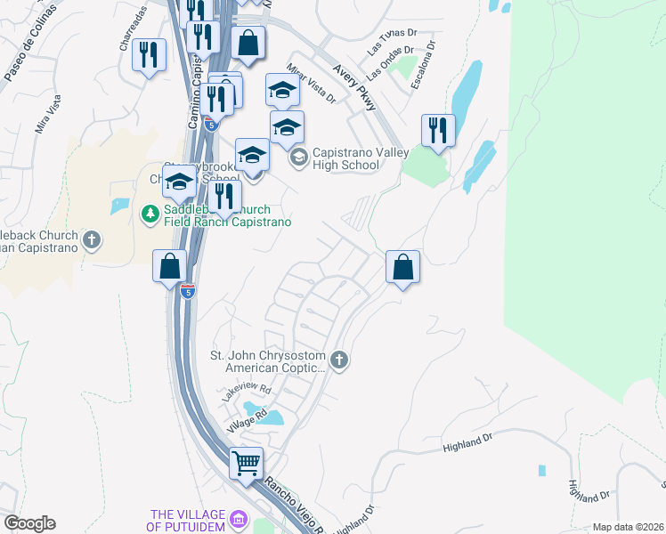 map of restaurants, bars, coffee shops, grocery stores, and more near 29321 Sandalwood Court in San Juan Capistrano