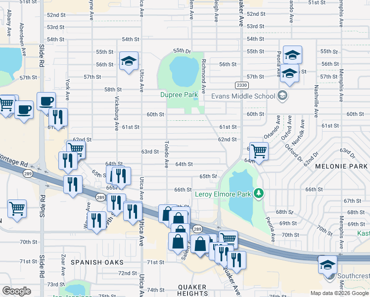 map of restaurants, bars, coffee shops, grocery stores, and more near 4606 63rd Street in Lubbock