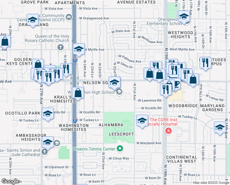map of restaurants, bars, coffee shops, grocery stores, and more near 2217 West Glendale Avenue in Phoenix