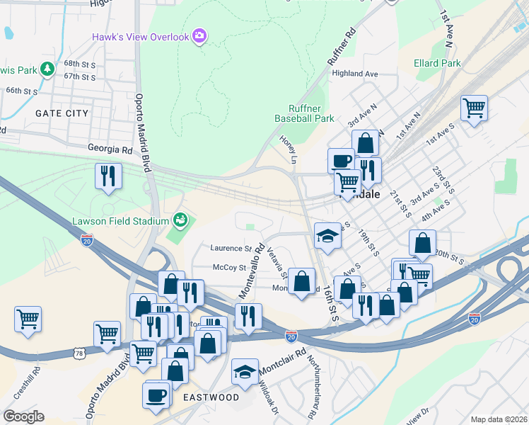 map of restaurants, bars, coffee shops, grocery stores, and more near 1402 Montevallo Road in Irondale
