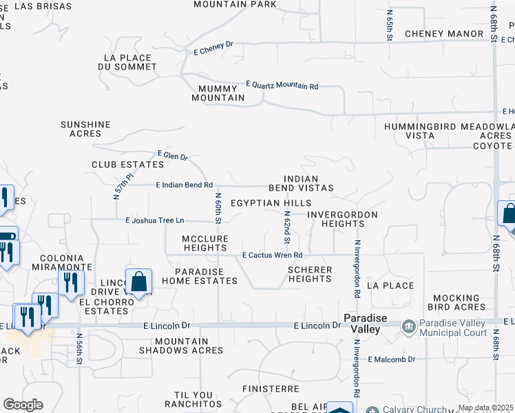 map of restaurants, bars, coffee shops, grocery stores, and more near 6100 East Joshua Tree Lane in Paradise Valley