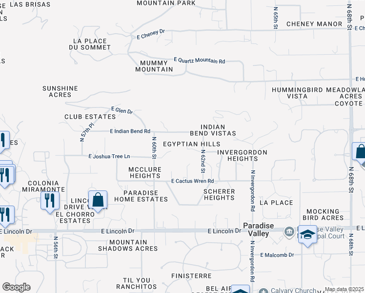 map of restaurants, bars, coffee shops, grocery stores, and more near 6100 East Joshua Tree Lane in Paradise Valley