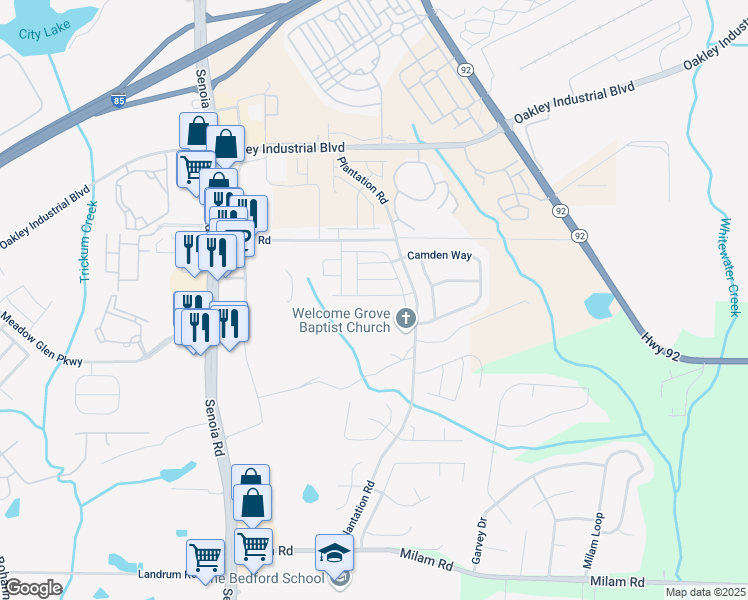 map of restaurants, bars, coffee shops, grocery stores, and more near 318 Lauren Drive in Fairburn