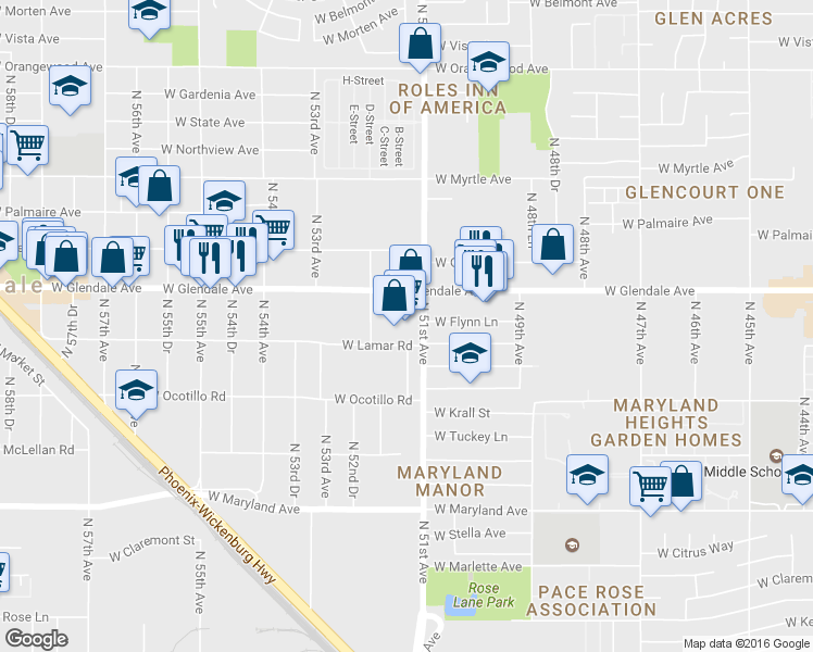 map of restaurants, bars, coffee shops, grocery stores, and more near 5127 West Glendale Avenue in Glendale