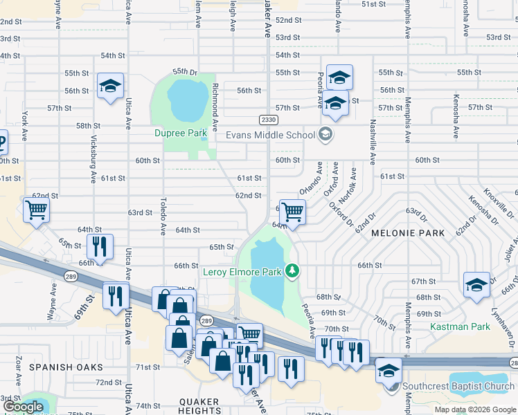 map of restaurants, bars, coffee shops, grocery stores, and more near 6304 Quaker Avenue in Lubbock